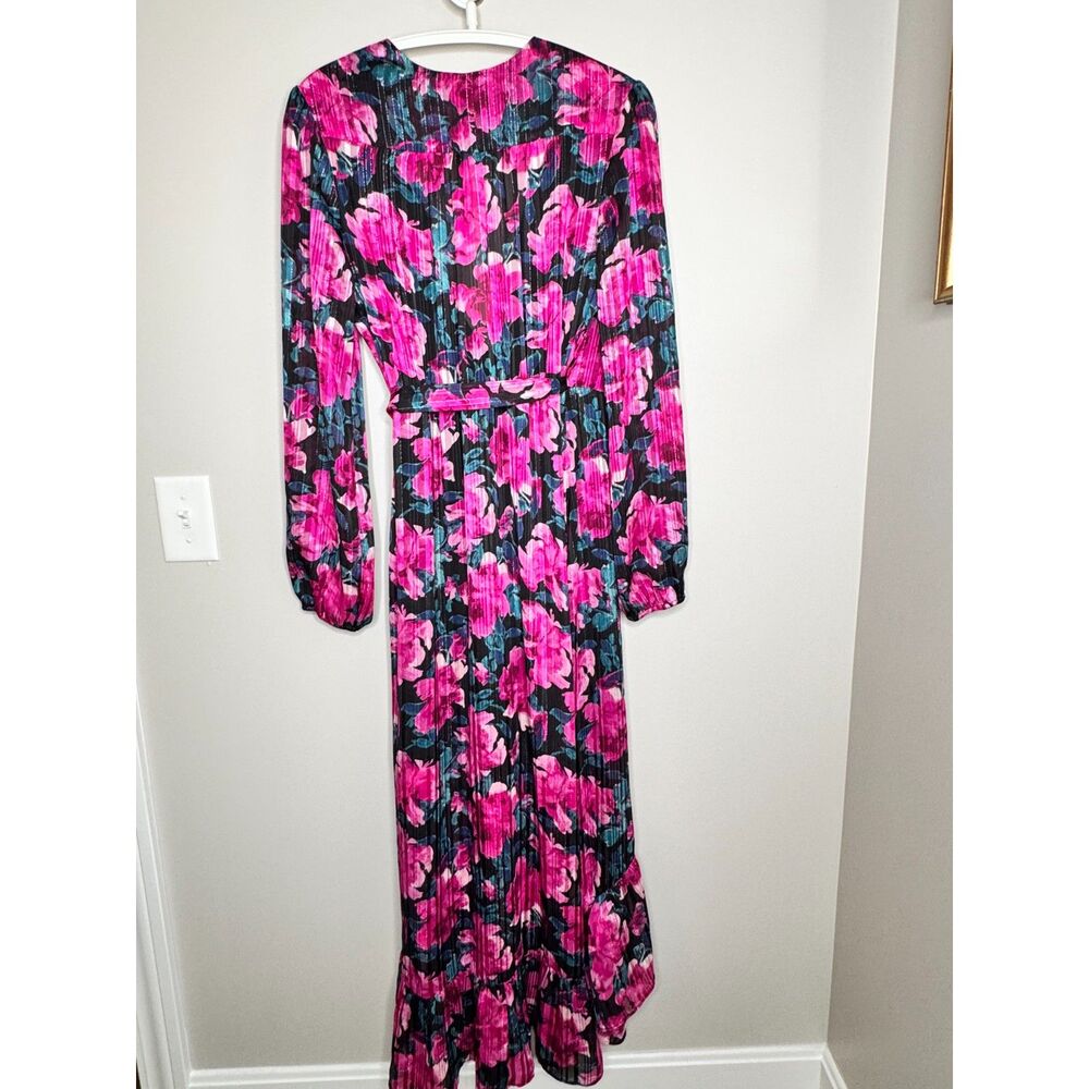 WAYF Floral Wrap Dress Large Pink Black Romantic Boho Midi Long Sleeve - Picture 4 of 6